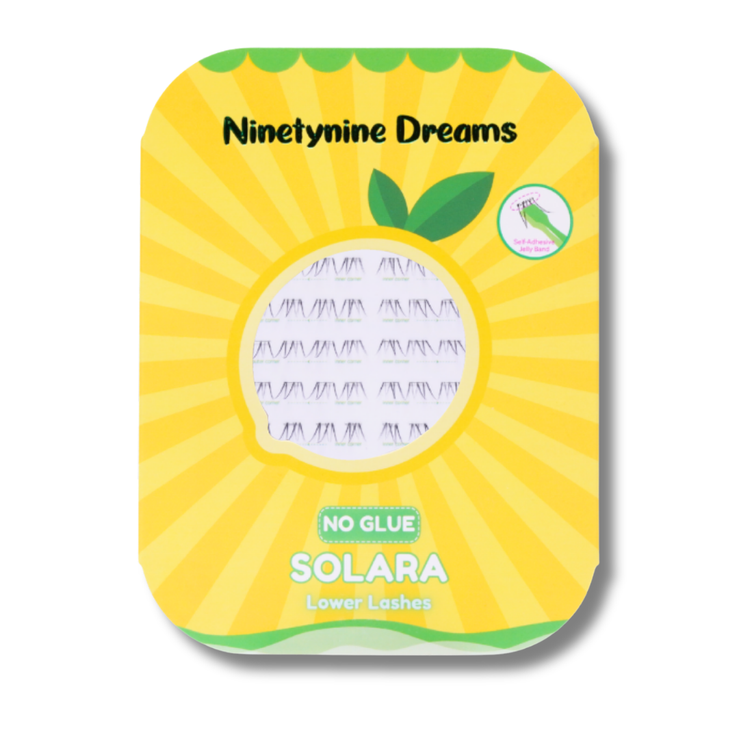 Solara No Glue Lower Lashes product packaging by Ninetynine Dreams.