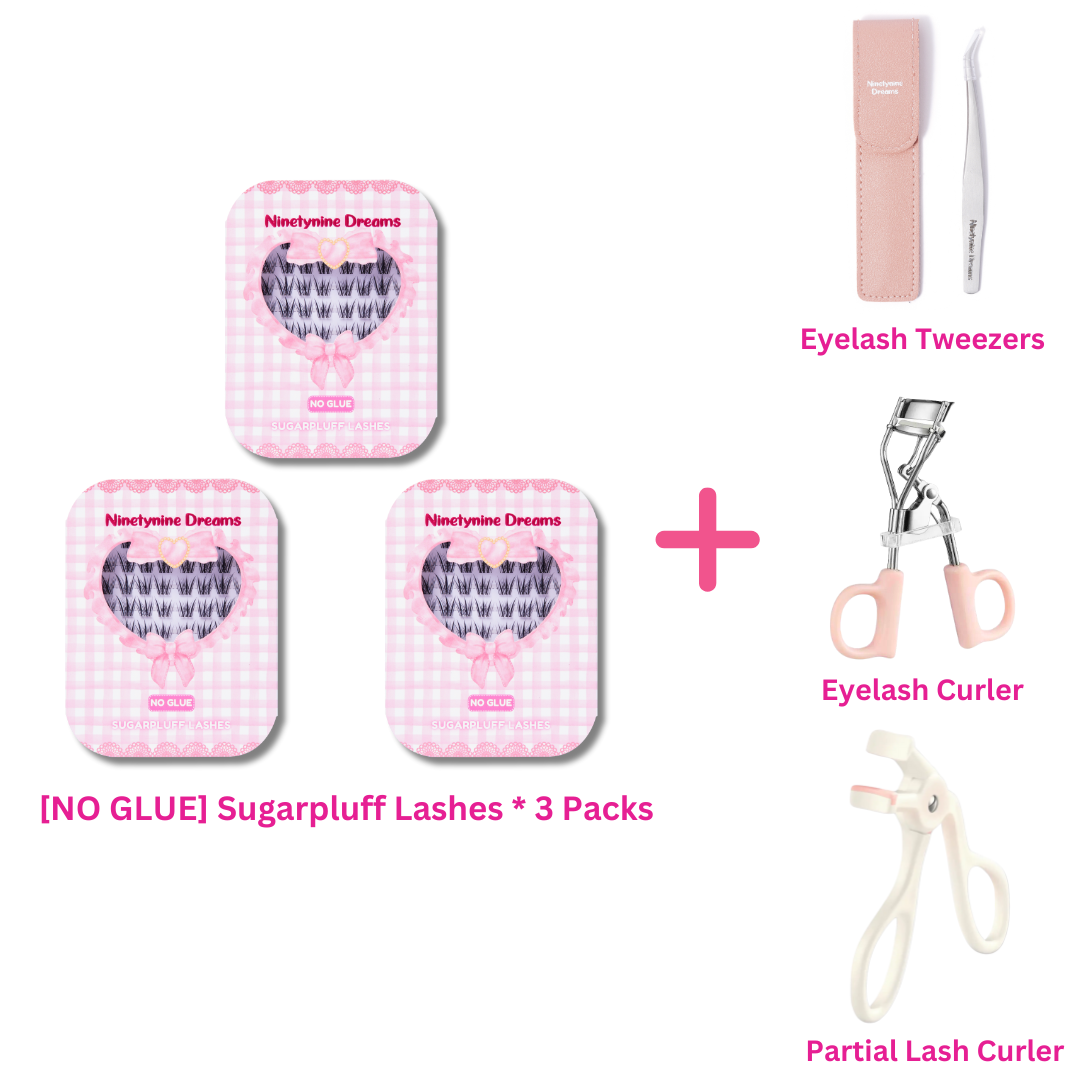 Three pack No Glue Sugarpluff Lashes bundle with lash tools