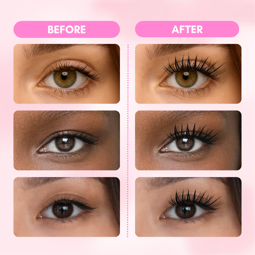 Before and after wearing No Glue Sugarpluff Lashes showing wispy cat eye lash look