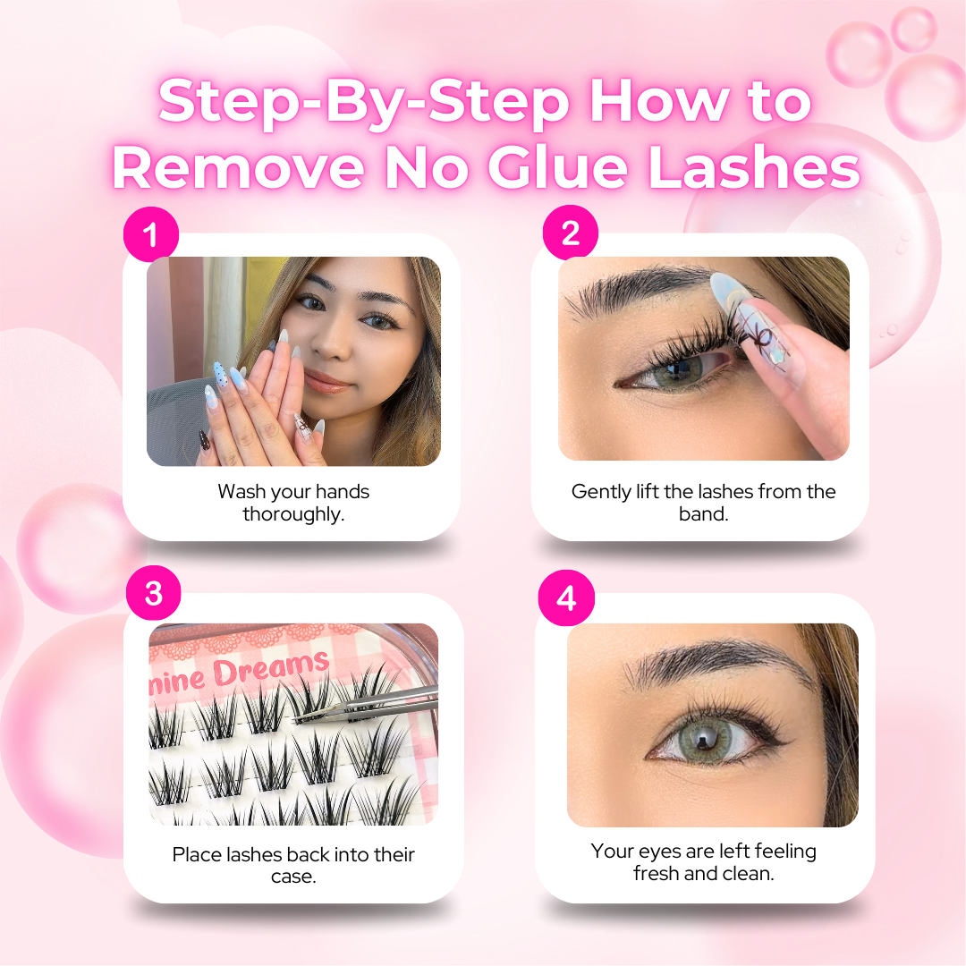 Step-by-step removal tutorial for No Glue Sugarpluff self-adhesive lashes