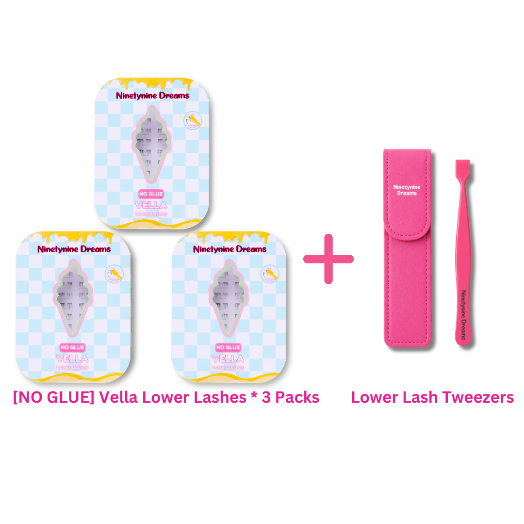 No Glue Vella Lower Lashes three-pack bundle including precision lash tweezers