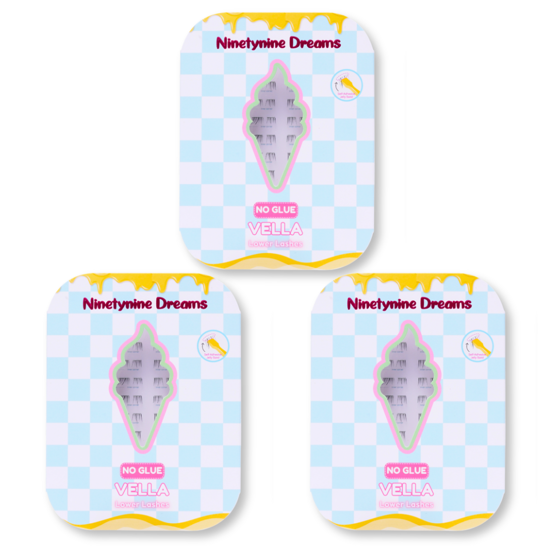Three-pack set of No Glue Vella Lower Lashes for extended wear and multiple applications