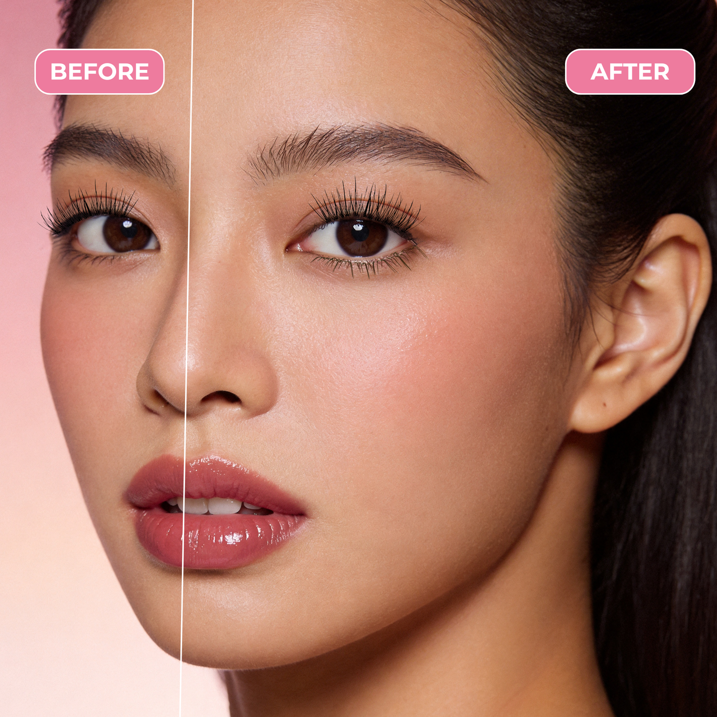 Before and after results showing enhanced lower lash definition with Vella Lower Lashes