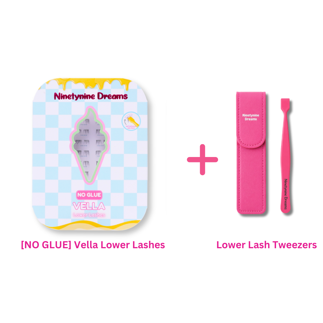 No Glue Vella Lower Lashes bundle with precision lash tweezers for easy application