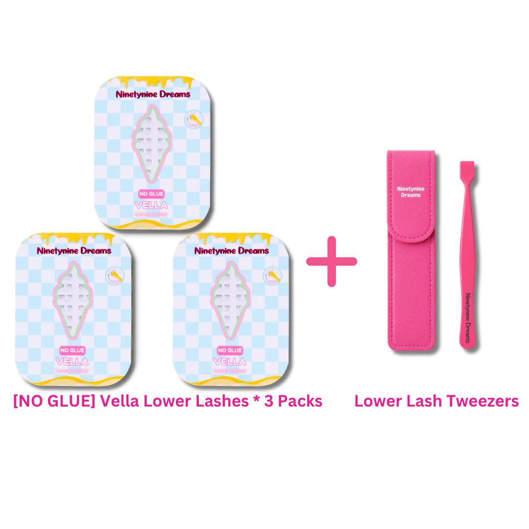 Three-pack bundle of Vella No Glue Lower Lashes with precision lash tweezers.