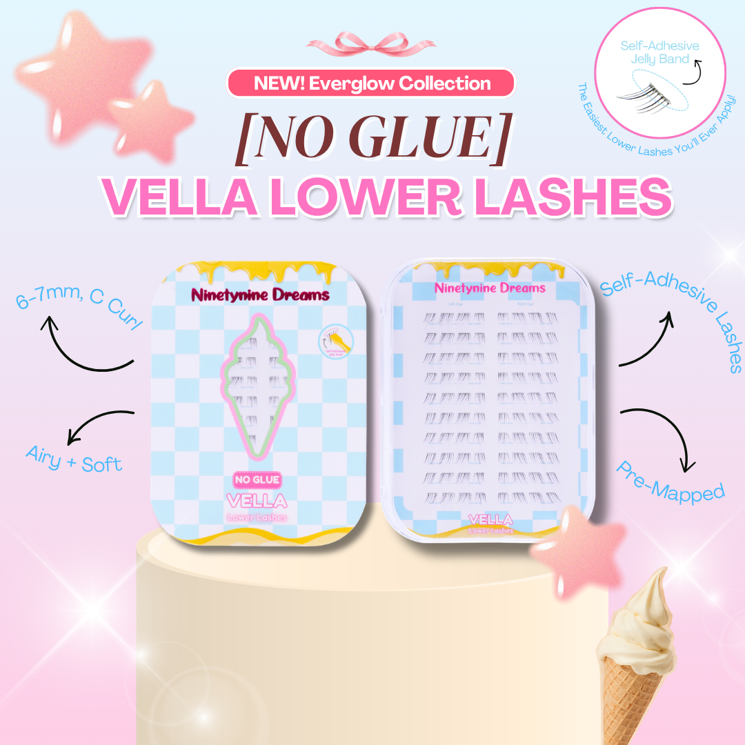 Vella No Glue Lower Lashes overview showing lash style, reusable lash bands, and product details.