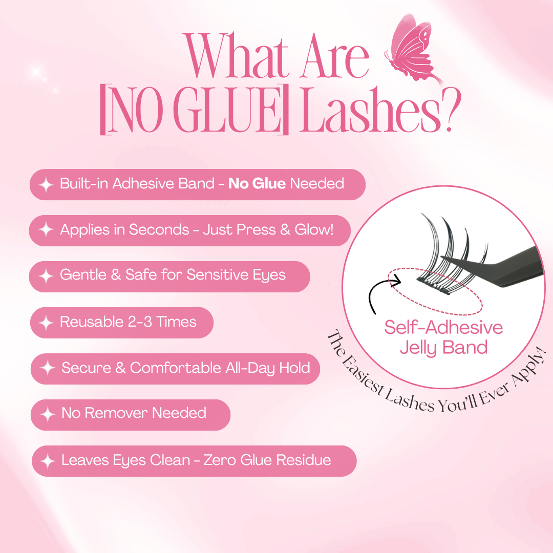 Infographic explaining how [NO GLUE] Afterblush self-adhesive cluster lashes work and the benefits of the no glue jelly band.