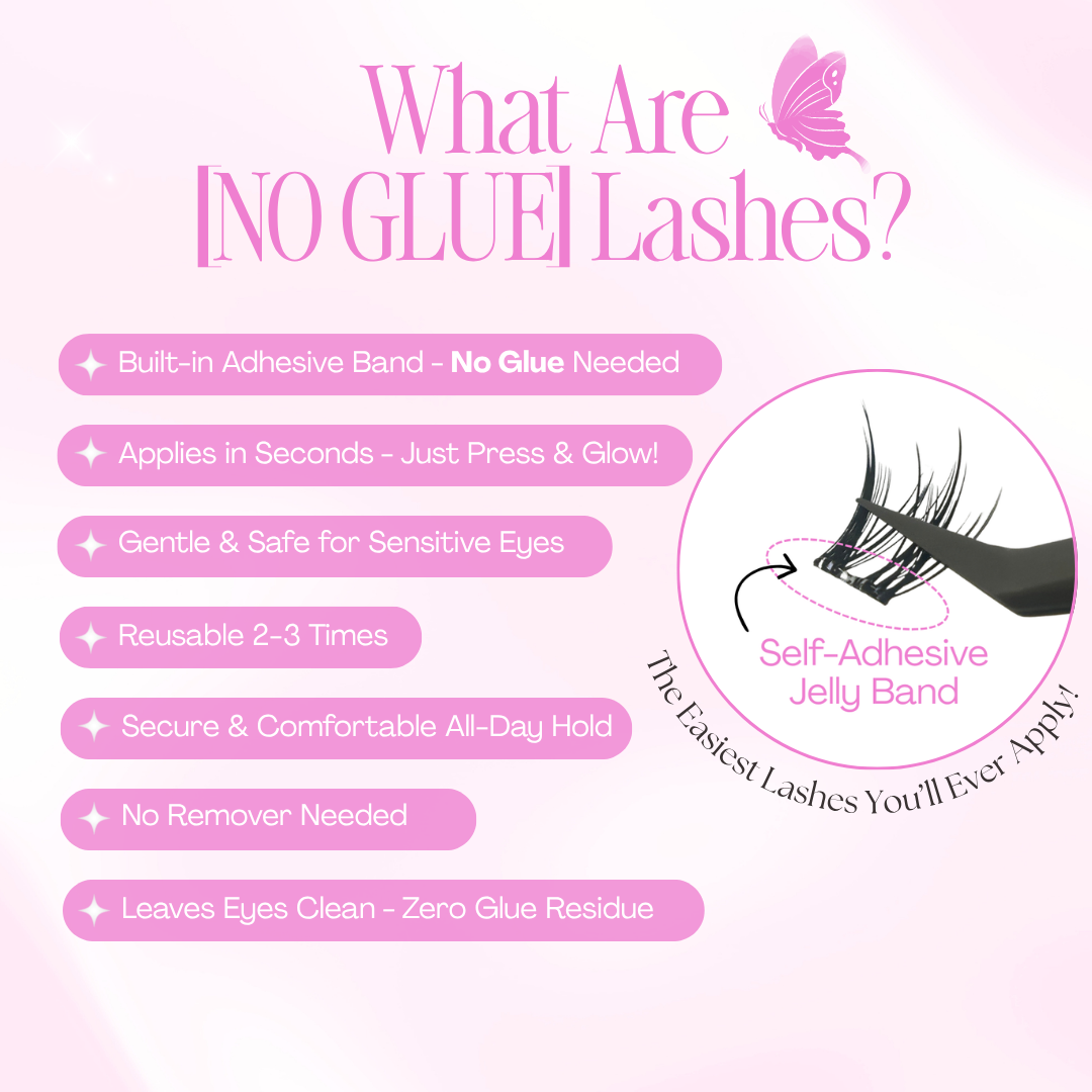 Infographic explaining how [NO GLUE] Pinkwhisper self-adhesive cluster lashes work and the benefits of the no glue jelly band.