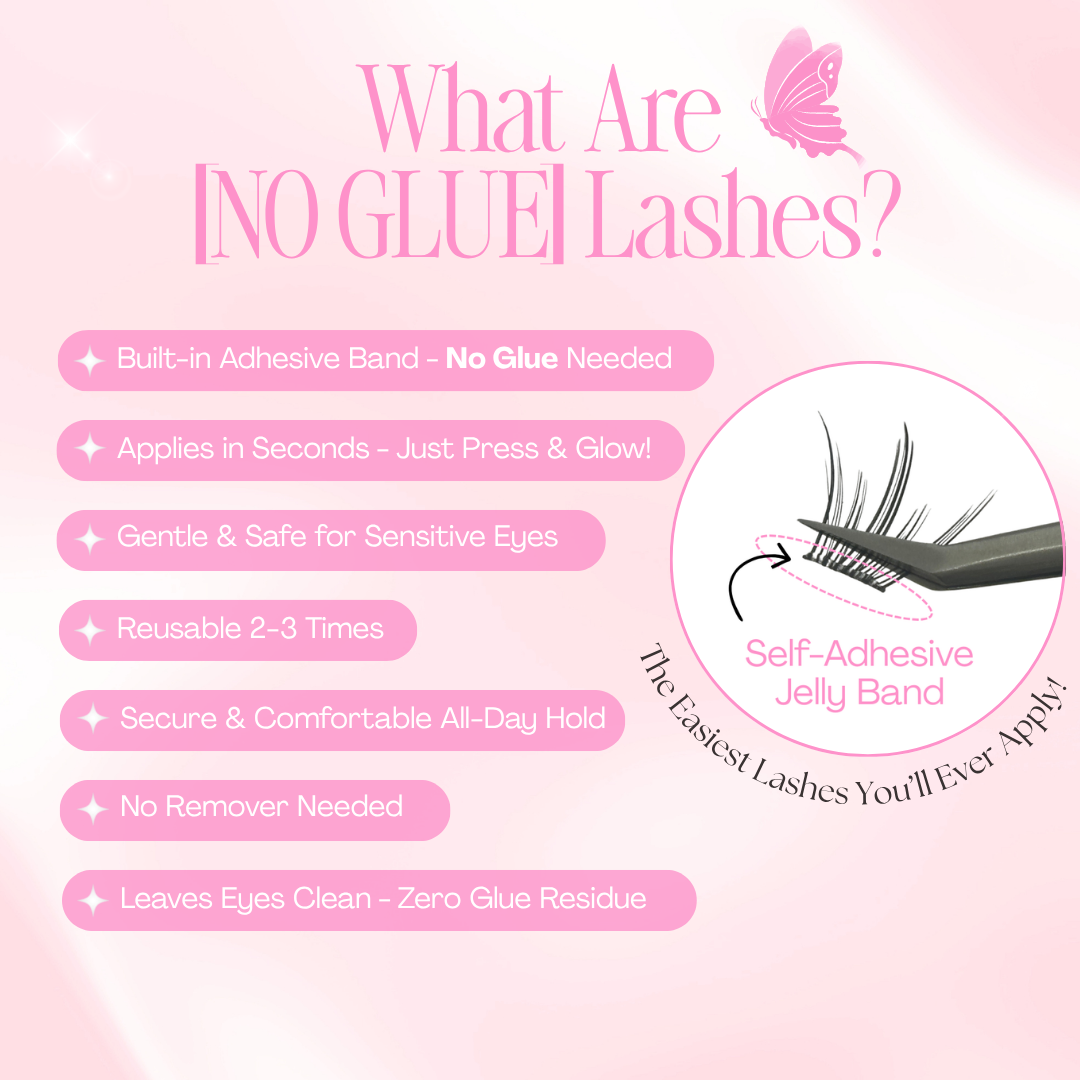 Infographic explaining how [NO GLUE] Roseveil self-adhesive cluster lashes work and the benefits of the no glue jelly band.