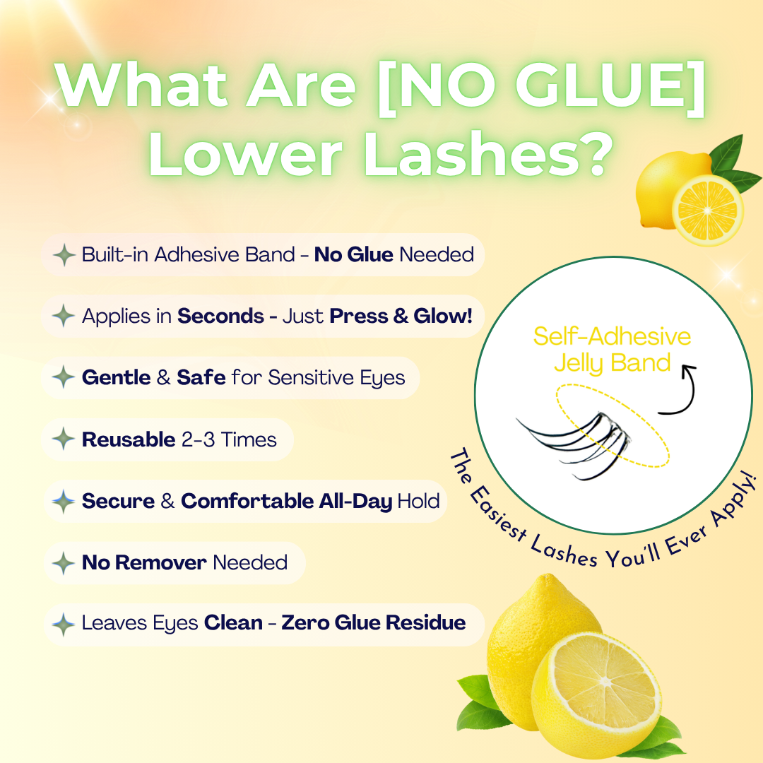 Informational graphic explaining No Glue Solara Lower Lashes and key product benefits